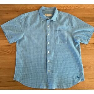 Tommy Bahama Mens Linen Blend Gingham Shirt‎ XL Blue Short Sleeve Button Down
